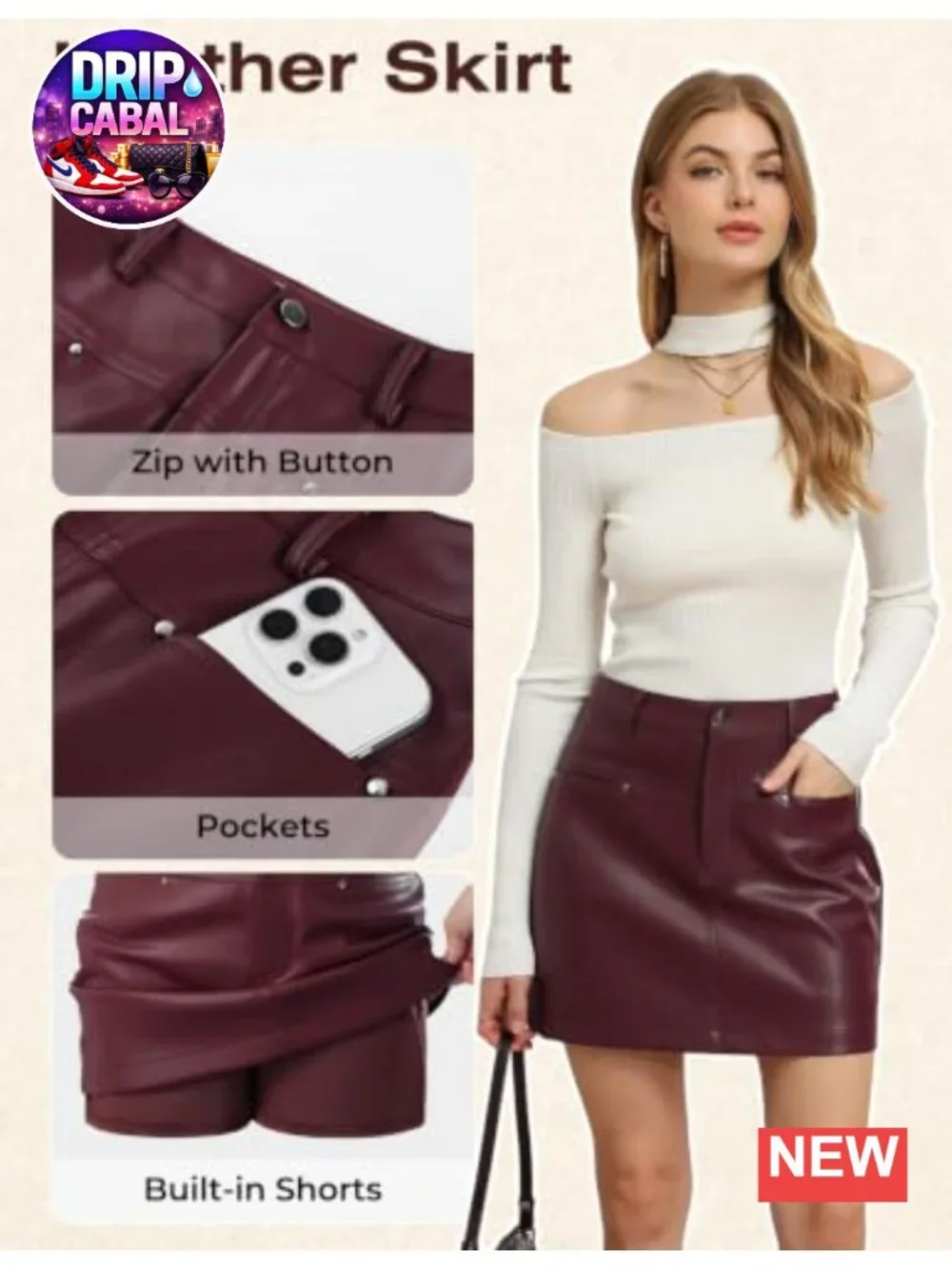 Women's Faux Leather Mini Pencil Skirt with Built-in Shorts, High Waist, Pockets